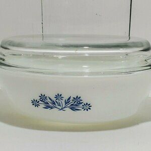 Anchor Hocking Blue Cornflower Casserole Dish 1.5" oval 1950-60s vtg milk glass